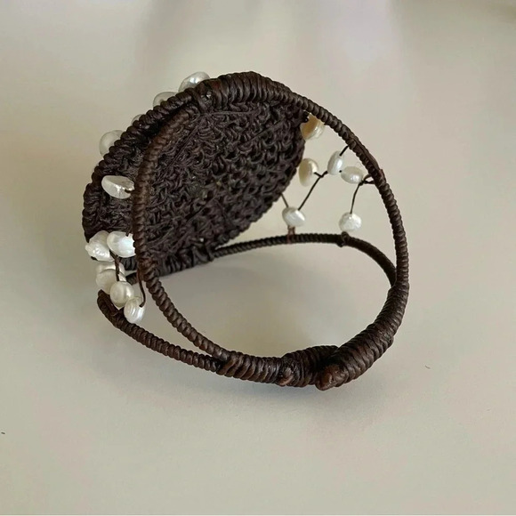 Freshwater Pearl Embroidered Bracelet Fiber Wrapped and Pearl Covered Statement - Picture 11 of 11
